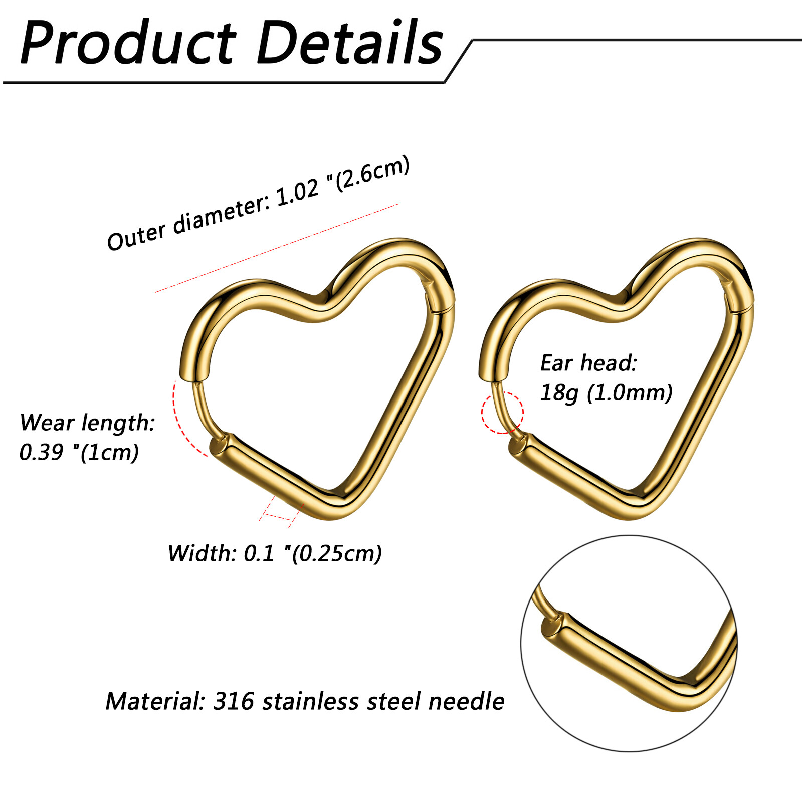 Women Glossy Heart Hoop Earrings Pierced Stud Stainless Steel Hypoallergenic 18G