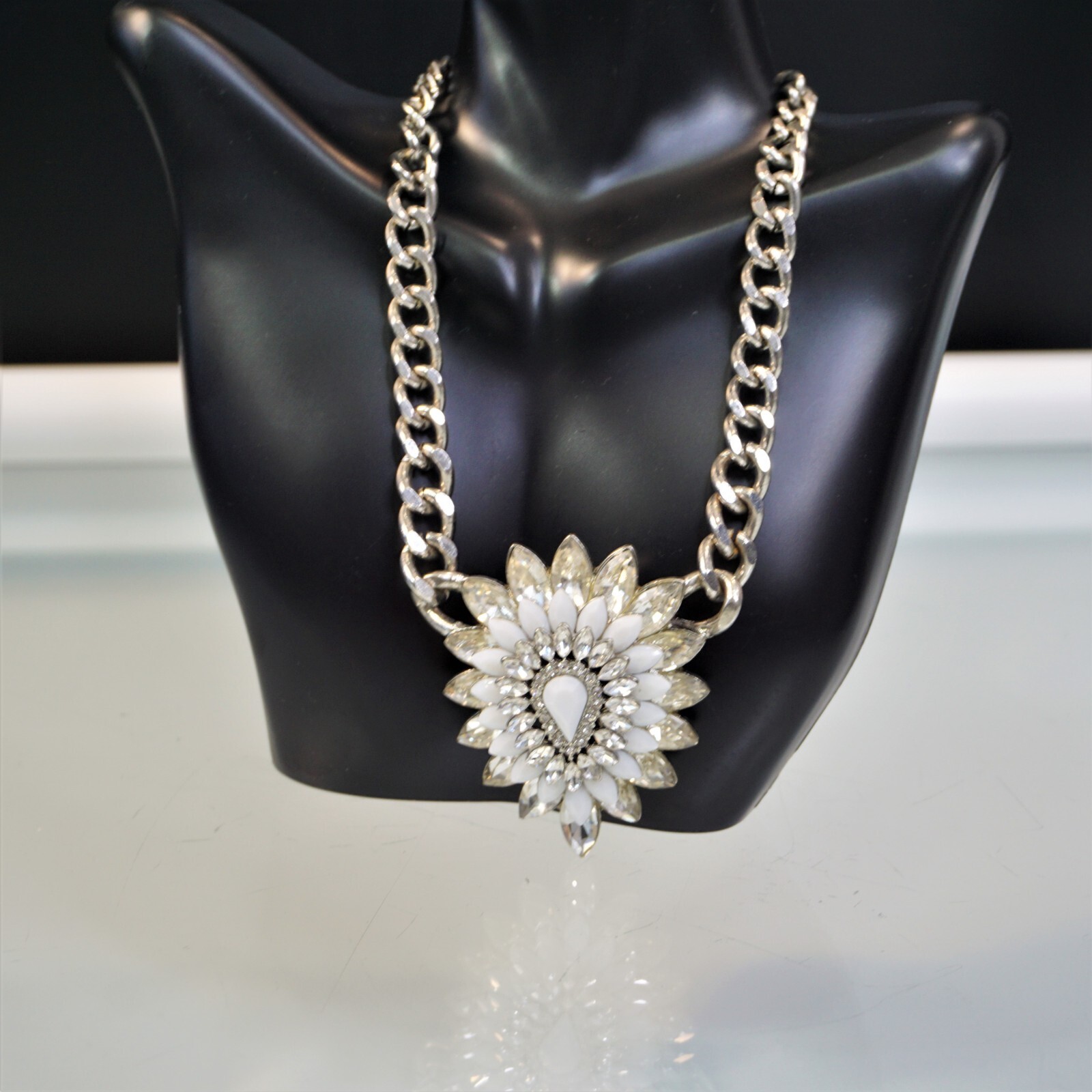 Jeweled Floral Statement Necklace Sparkling Pendant Silvertone Chain