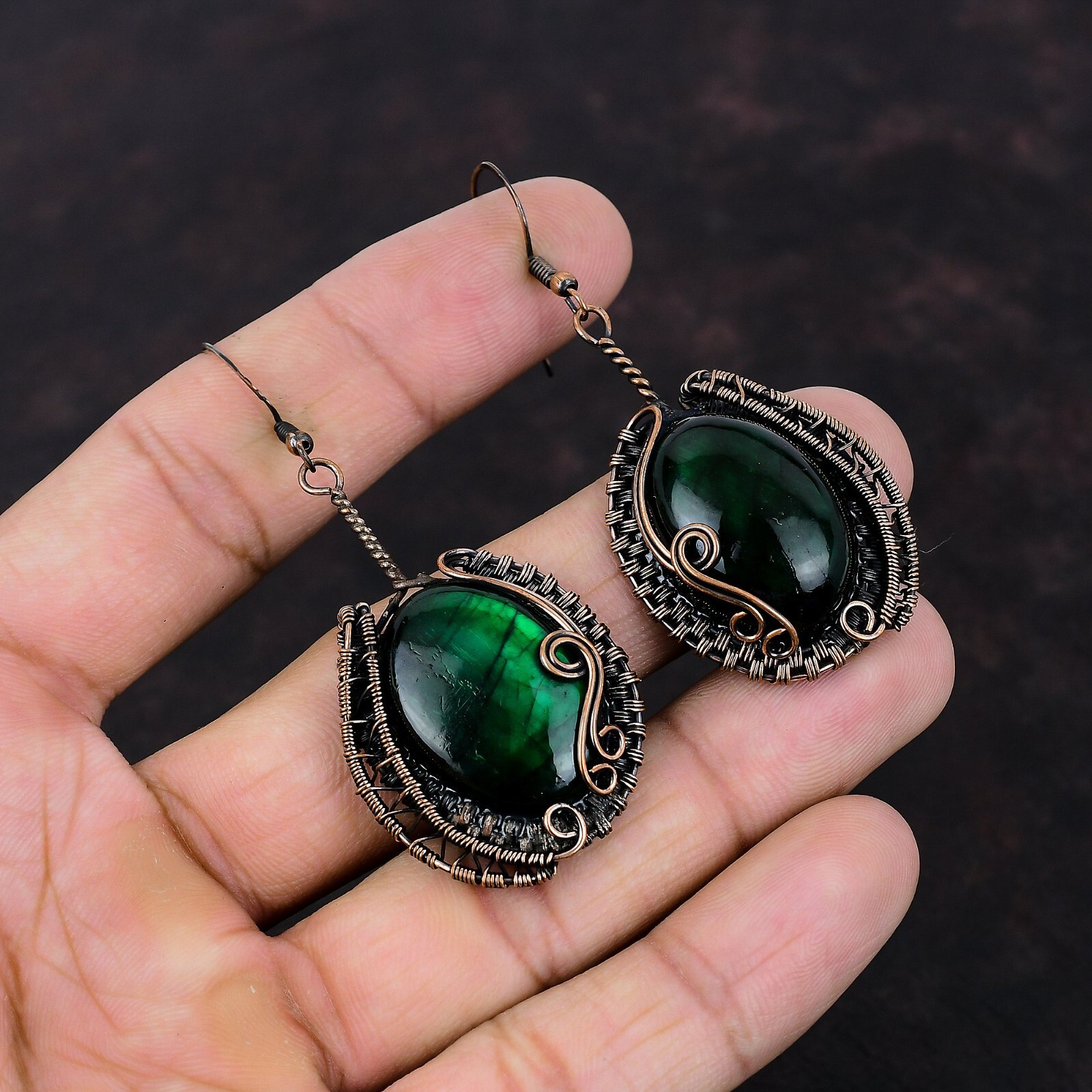 Green Fire Labradorite Copper Gift For Briedsmaid Wire Wrapped Earrings 2.76″