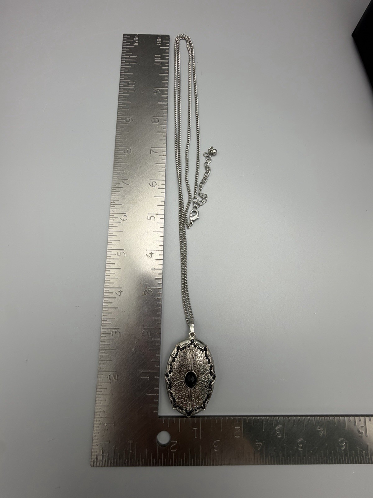 Silver Tone Black PlasticnCrystal Filigree Statement Oval Pendant Necklac