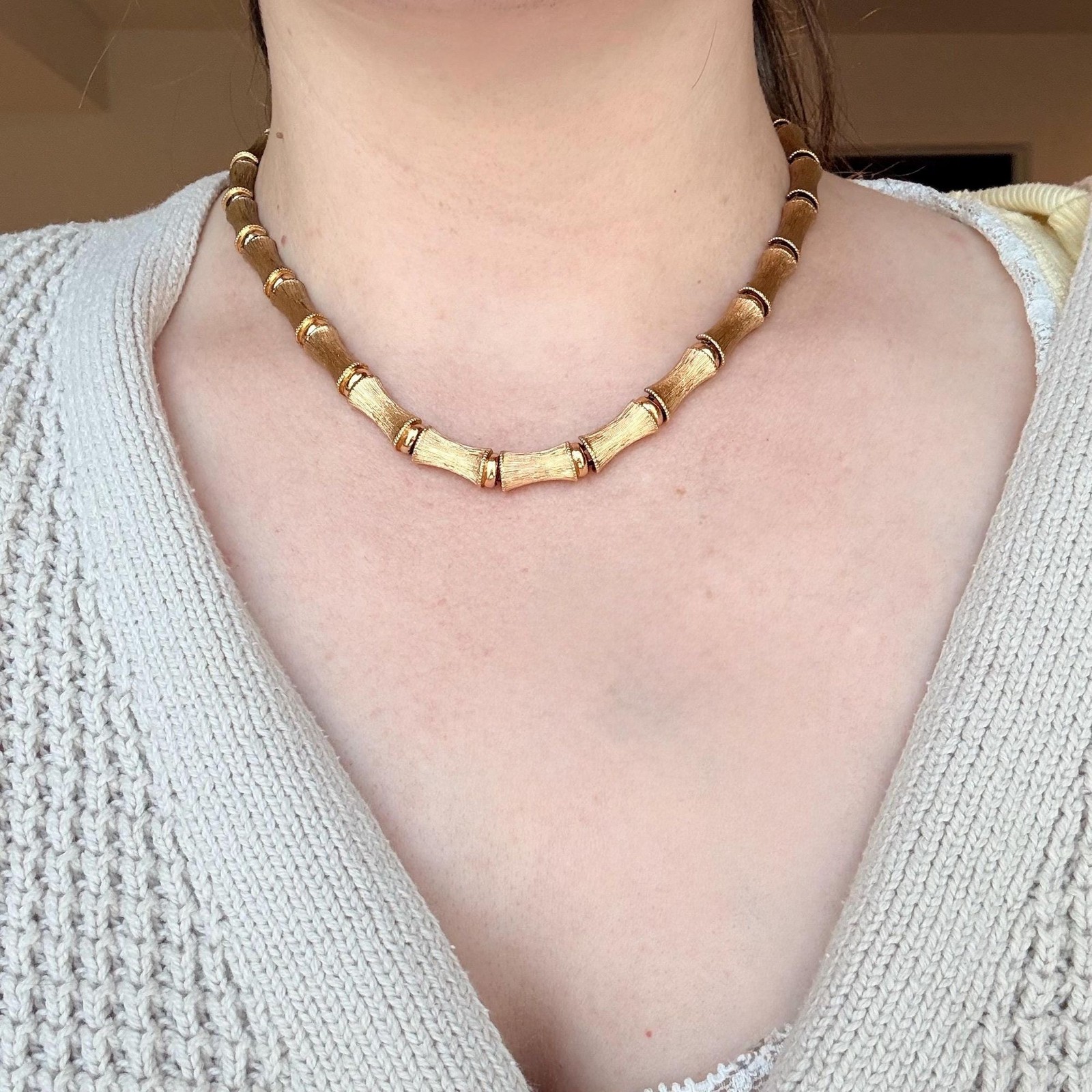 Vintage Monet Gold Bamboo Link Necklace Signed Textured Choker