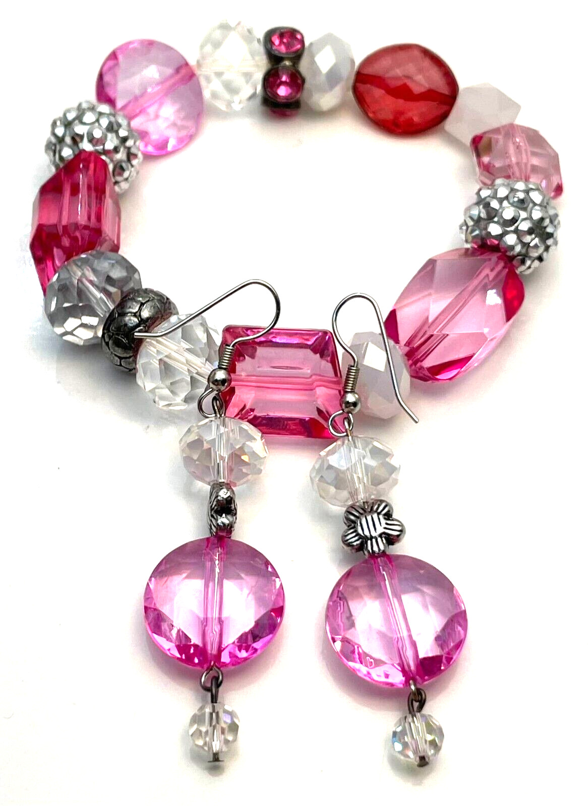 Pink Bracelet and Earrings Set Clear Transparent Acrylic Beads Silver Tone