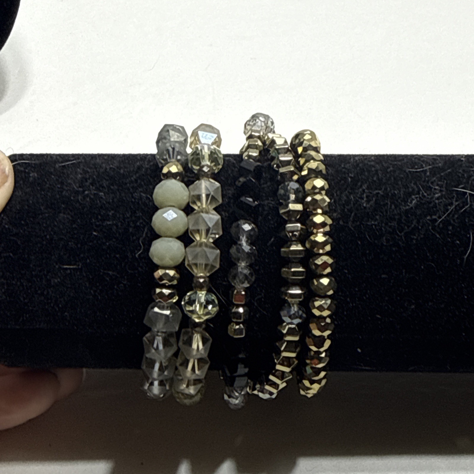 Erimish Beaded Stretch Bracelet Set Lot of 5 Black White Gray Gold Sage Stack