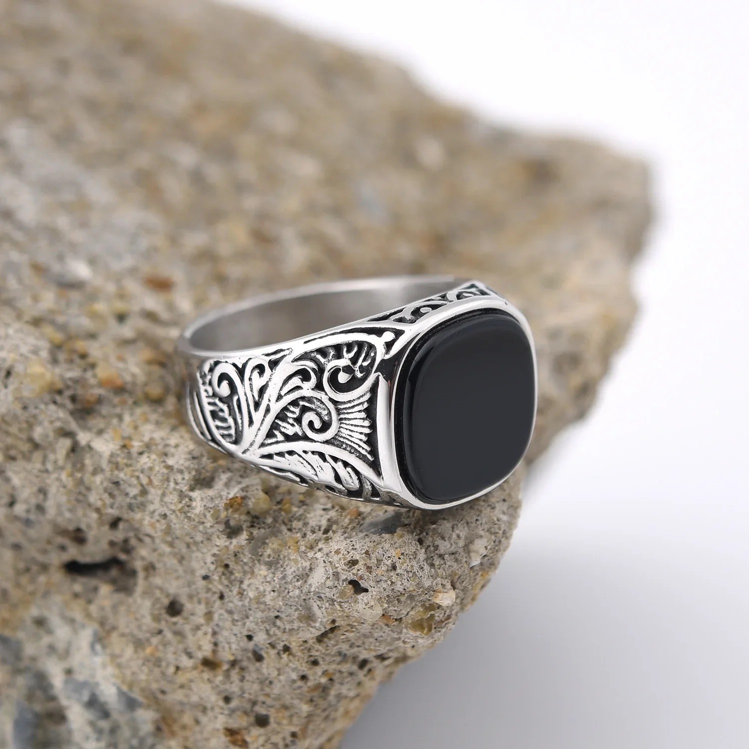 316L Stainless Steel Gemstone Ring Men Vintage Statement Jewelry