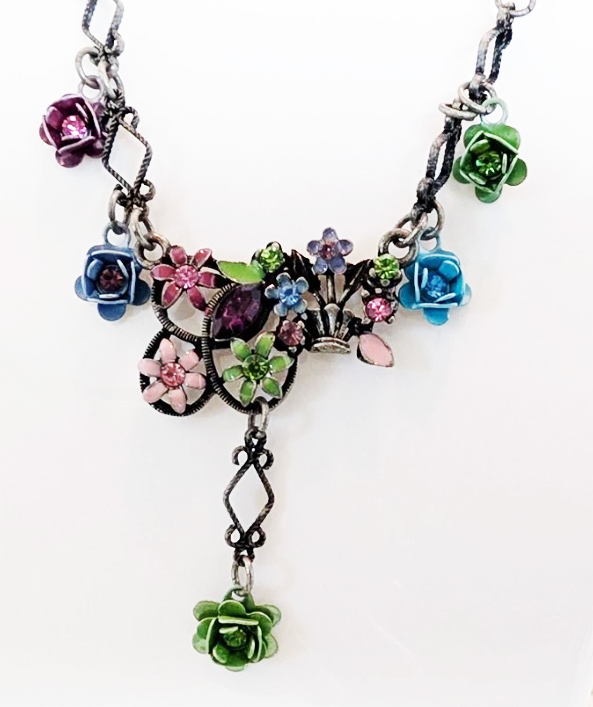 DESIGNER INSPIRED 16 in FLORAL BASKET MULTI COLOR CRYSTAL SILVERTONE JEWELRY SET