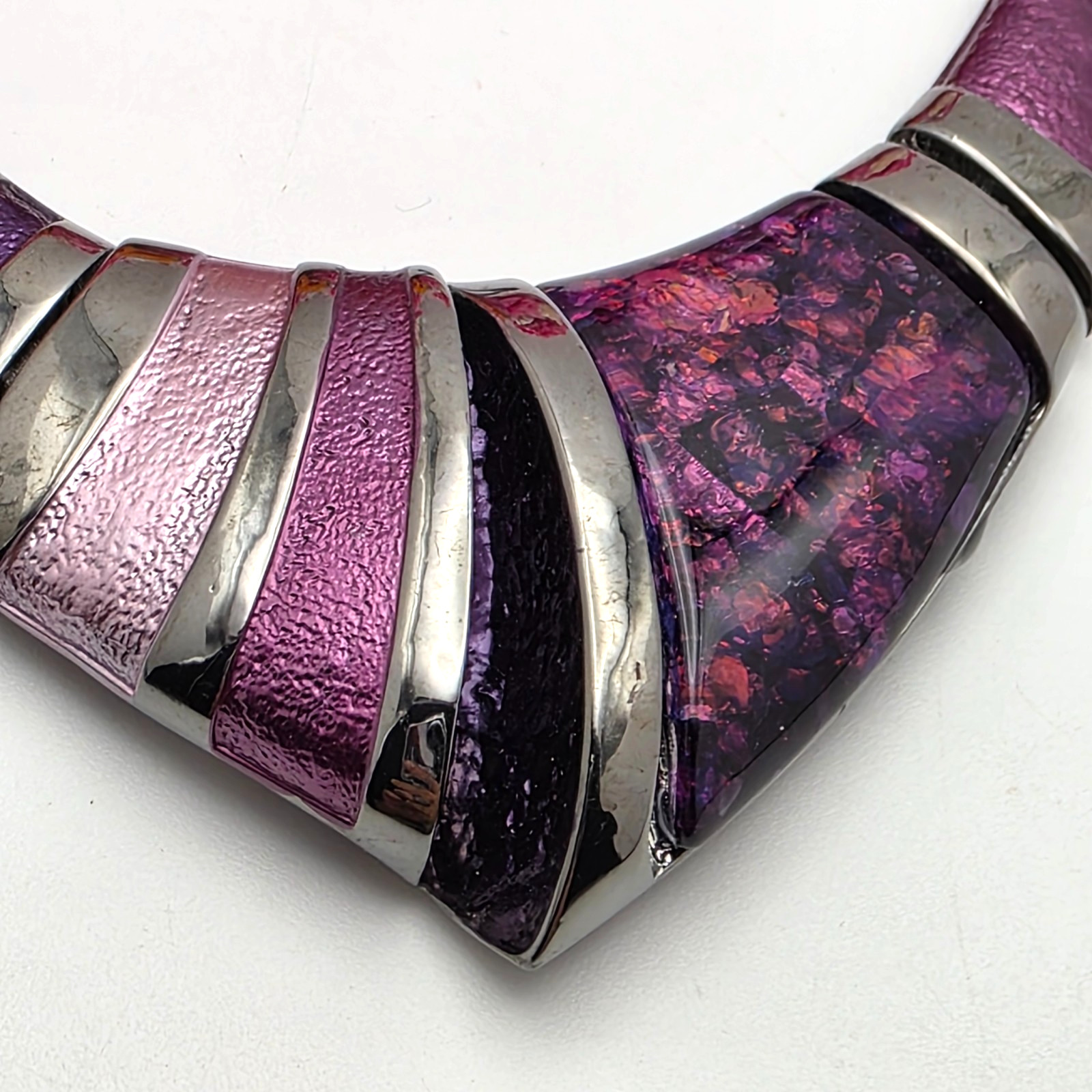 Purple Enamel Statement Necklace Gunmetal Tone Geometric Bib Collar 19 in adj.