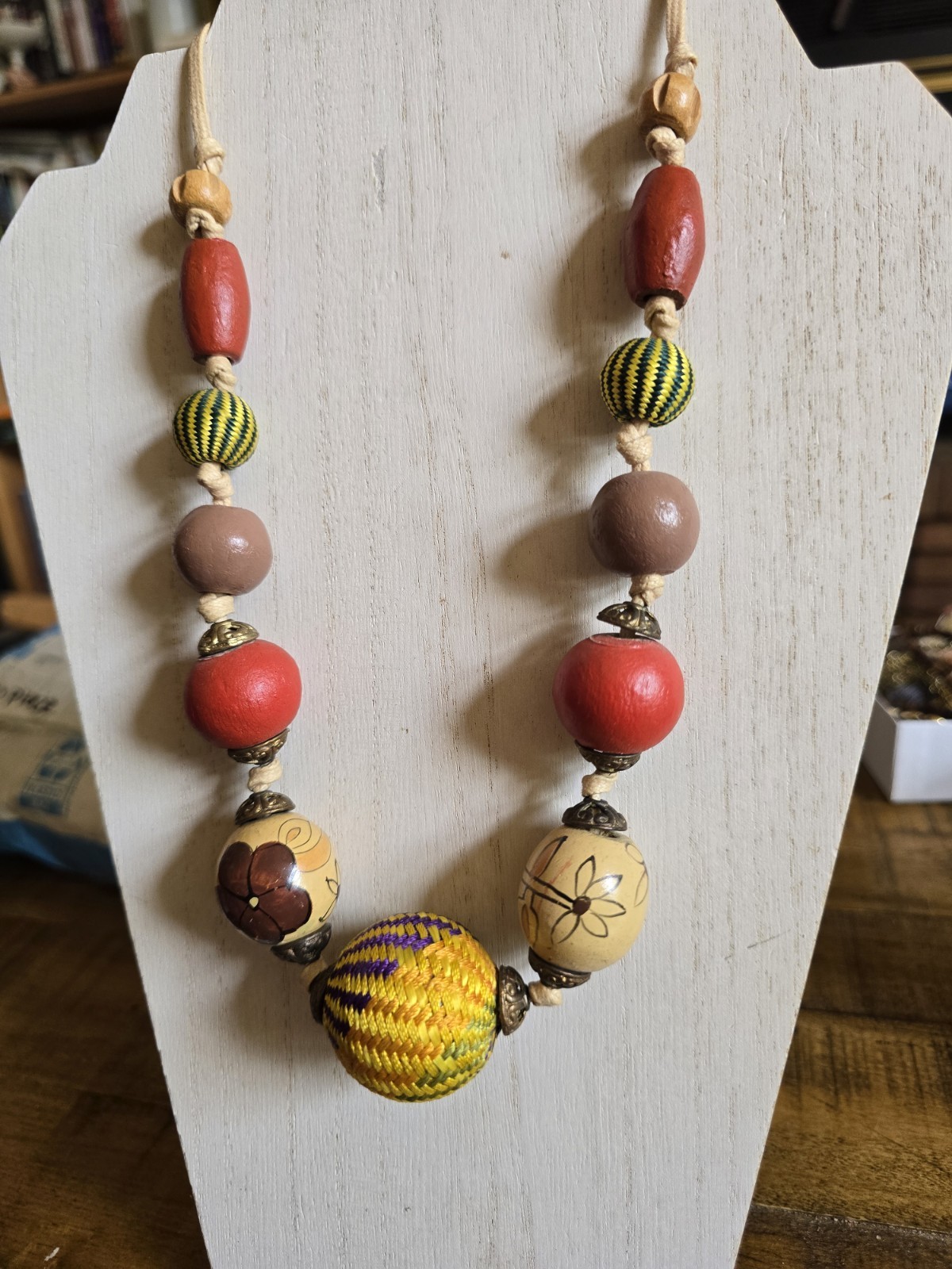 Boho NECKLACE Graduated Wooden & Woven Beads Hand Carved Painted Tribal Natural