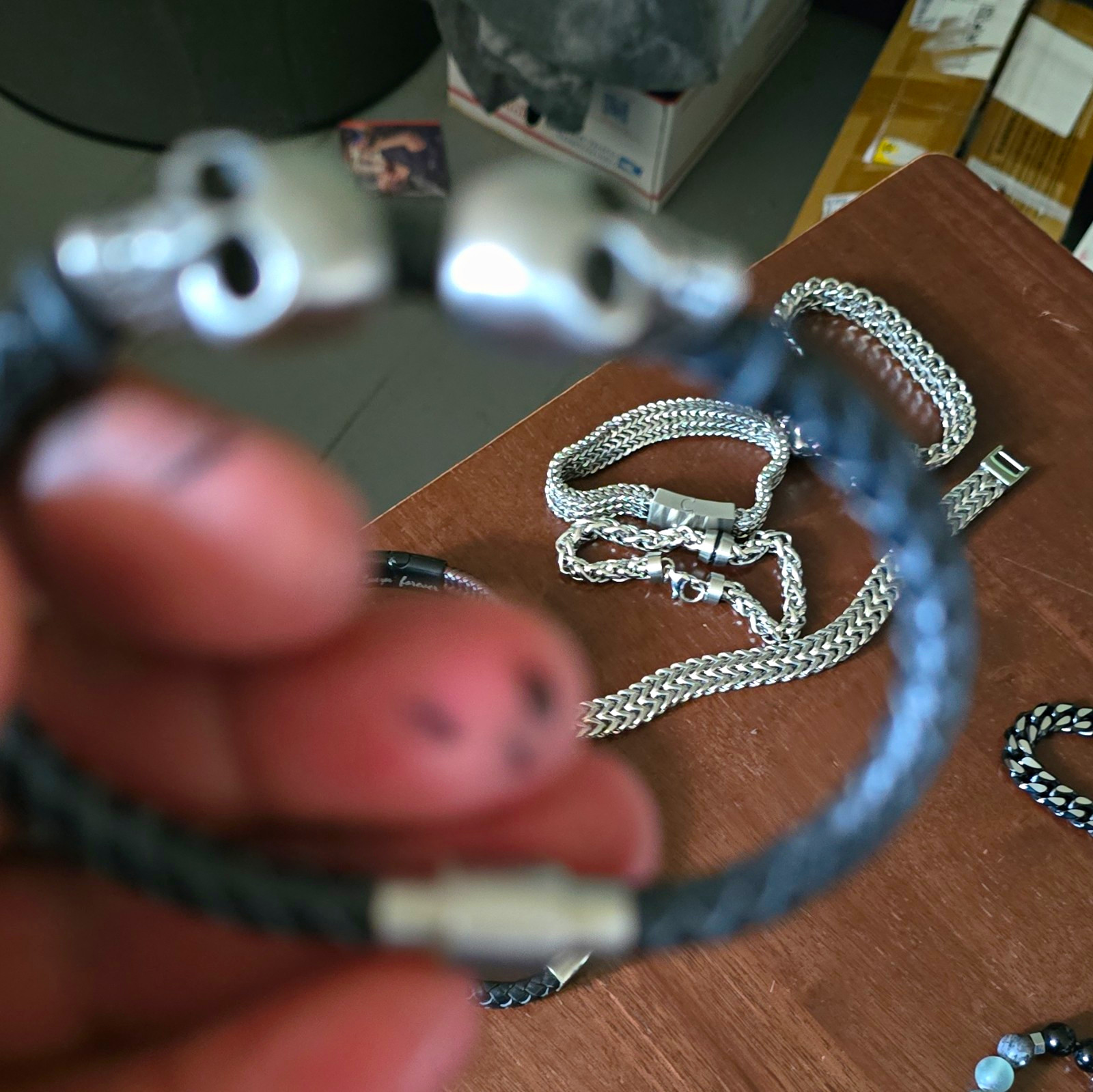 Black Braided Leather Bracelet, Silver Tone Magnetic Clasp, No Stone