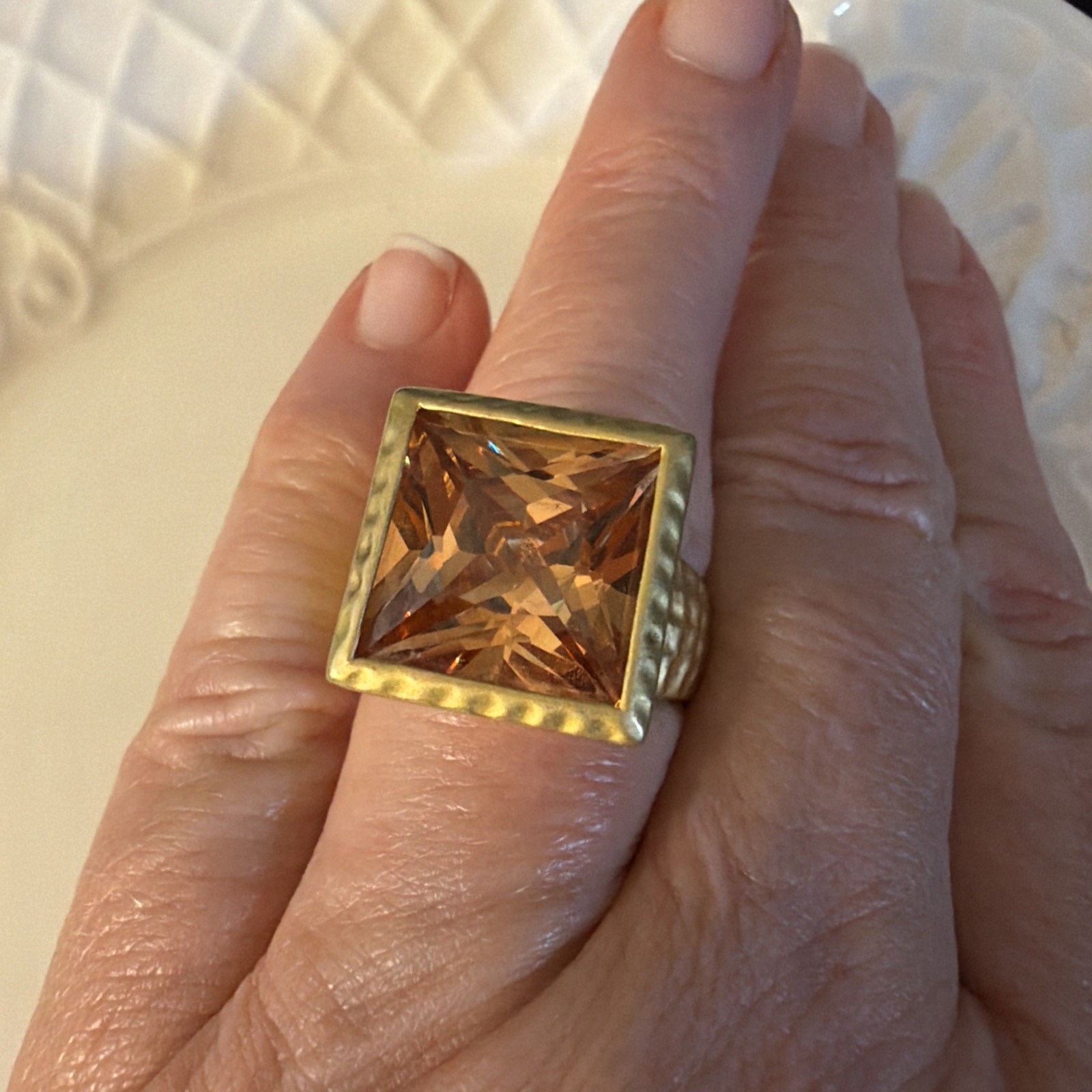 Modernist retro Hammered Statement Ring Princess Cut Citrine Fashion Jewelry