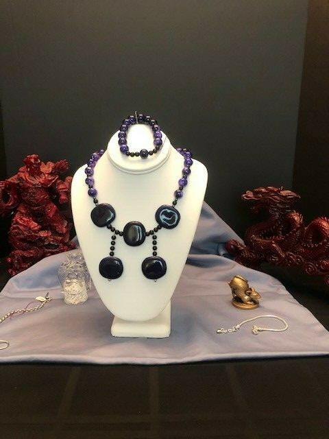 Q’s Jewelry: Dark Purple beaded necklace approx. 20 inches long, with matching e