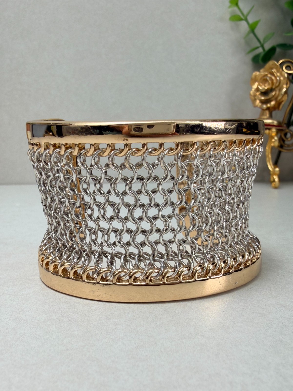 Zara Wide Cuff Bracelet Gold Tone And Silver Mesh Chain Statement Chunky NWOT