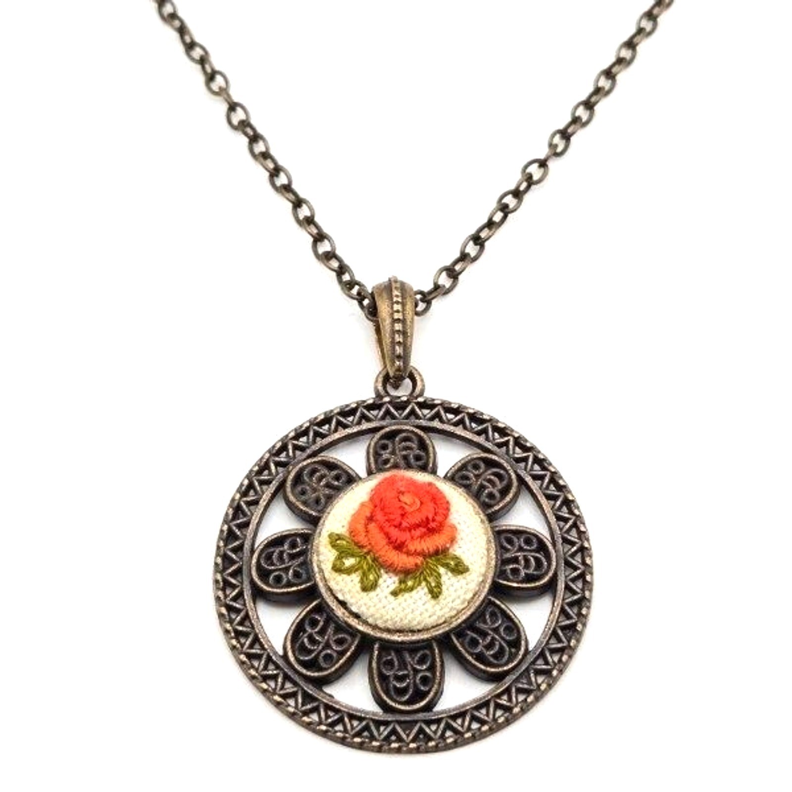 Handmade Rose Mini Embroidery Bronzetone Floral Frame Pendant 27″ Necklace
