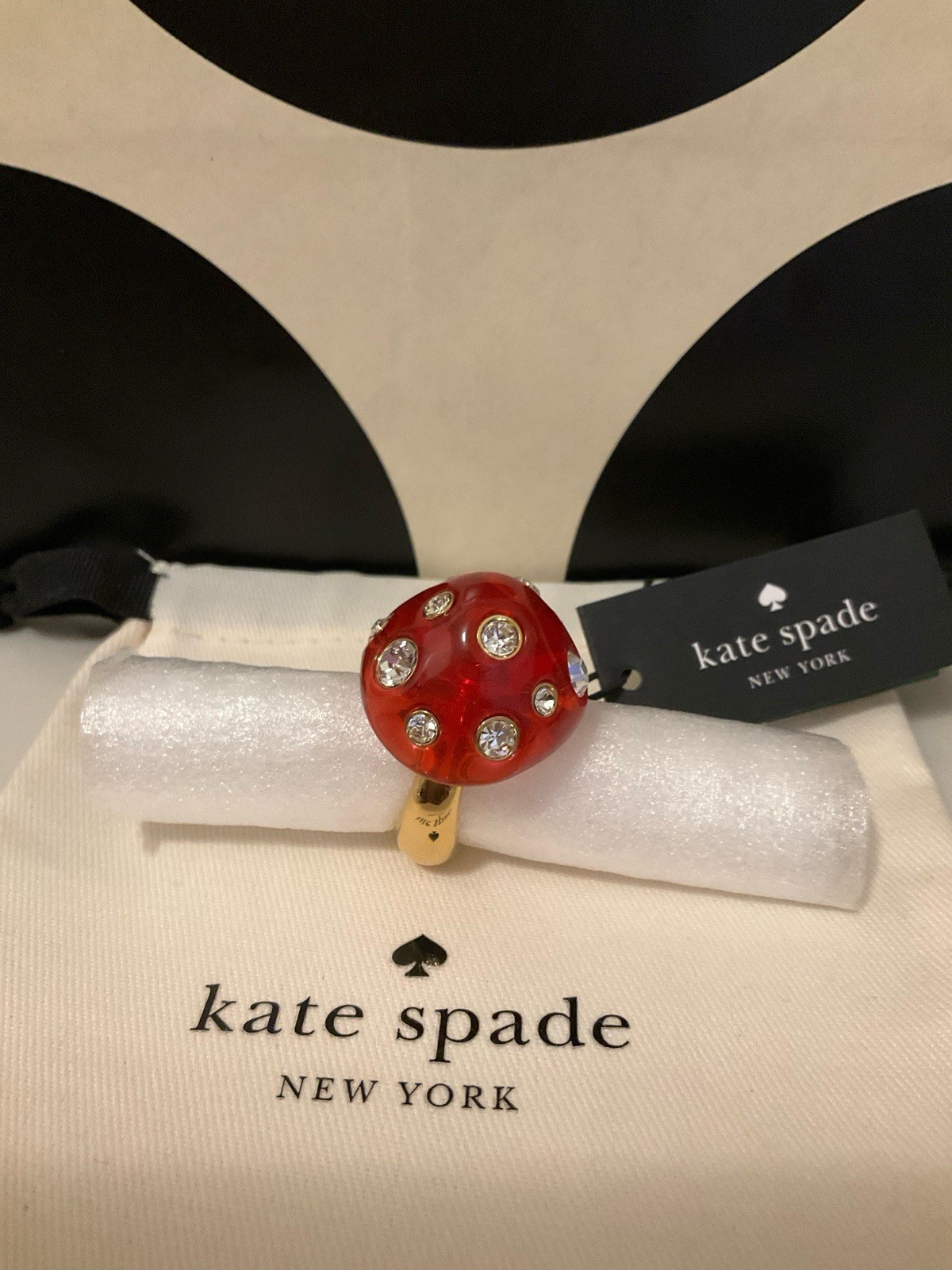 NWT Kate Spade New York Forest Pop Mushroom 12k Gold Plated CZ Crystal Ring Sz 8