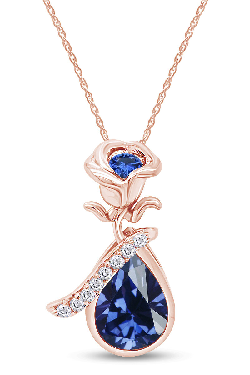 Simulated Sapphire Rose Teardrop Pendant Necklace 14K Rose Gold Plated Silver