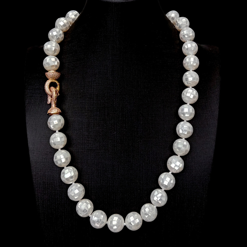 White Abalone Shell 16mm Long Necklace Bracelet Earrings Set CZ Pave Clasp