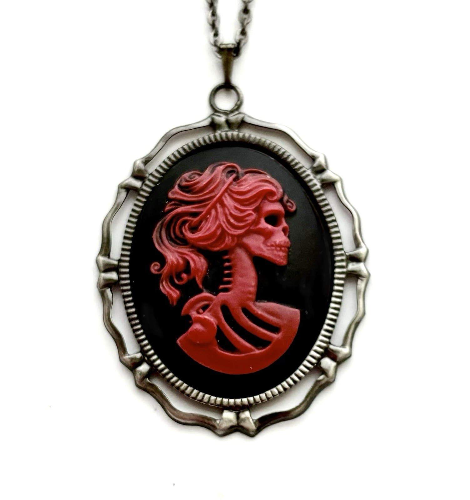 Red Lady Lolita Skull Skeleton Cameo Necklace Gothic Steampunk Pendant Red/Black