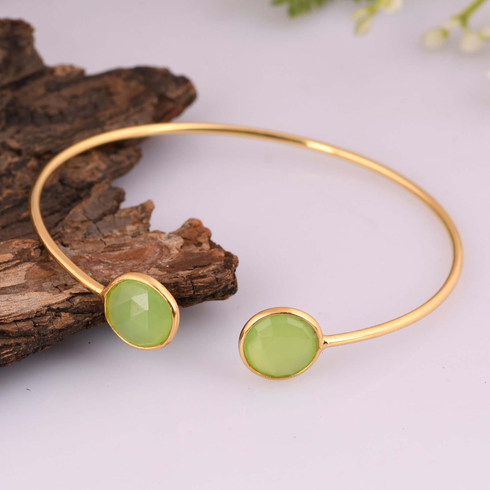 Gemstone Open Bangle Gold Plated Adjustable Cuff Bracelet With Green Prehnite