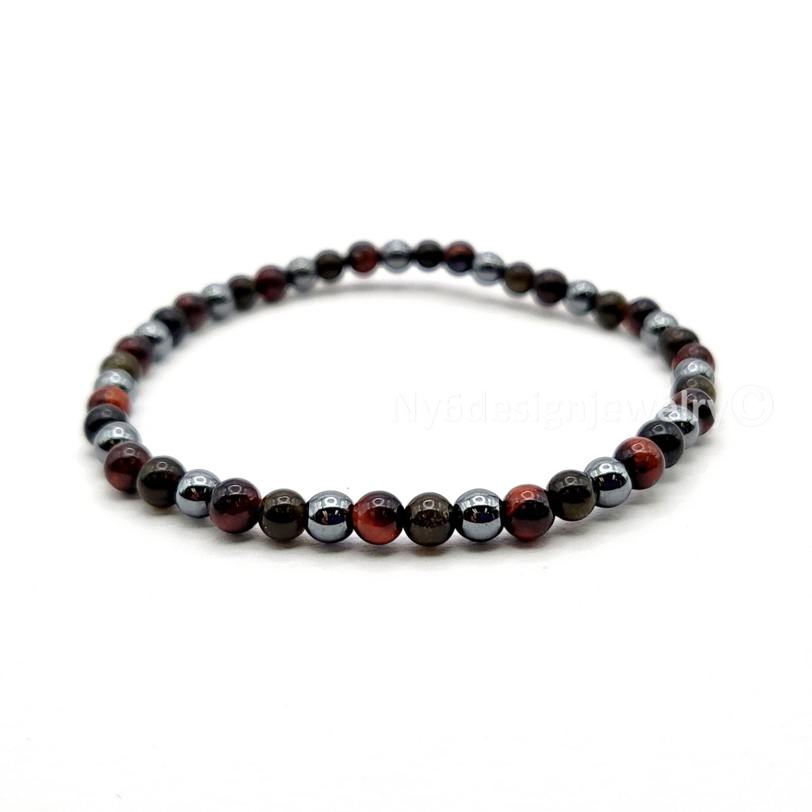 Red Tiger Eye, Black Obsidian & Metallic Gray Hematite Beaded Bracelet 7.5″