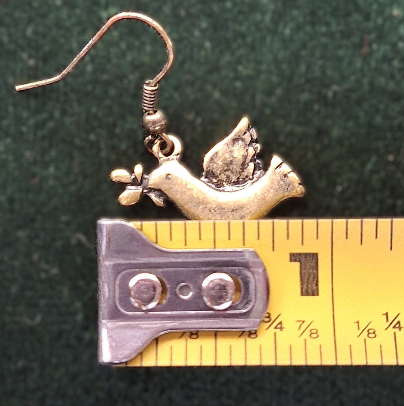 Small Dangle Drop Bronze (and Patina) Bird w Olive Branch Earrings Unsigned