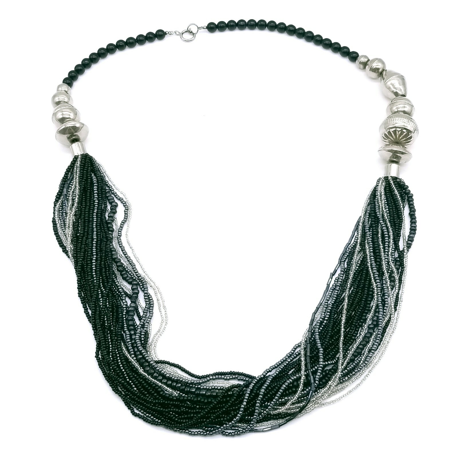 Multistrand Rope Necklace Large Chunky Black Beaded Seed Bead Silvertone