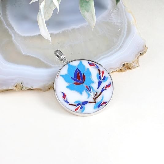 Marble Inlay Multicolor Round Pendant for Women in 925 Sterling Silver