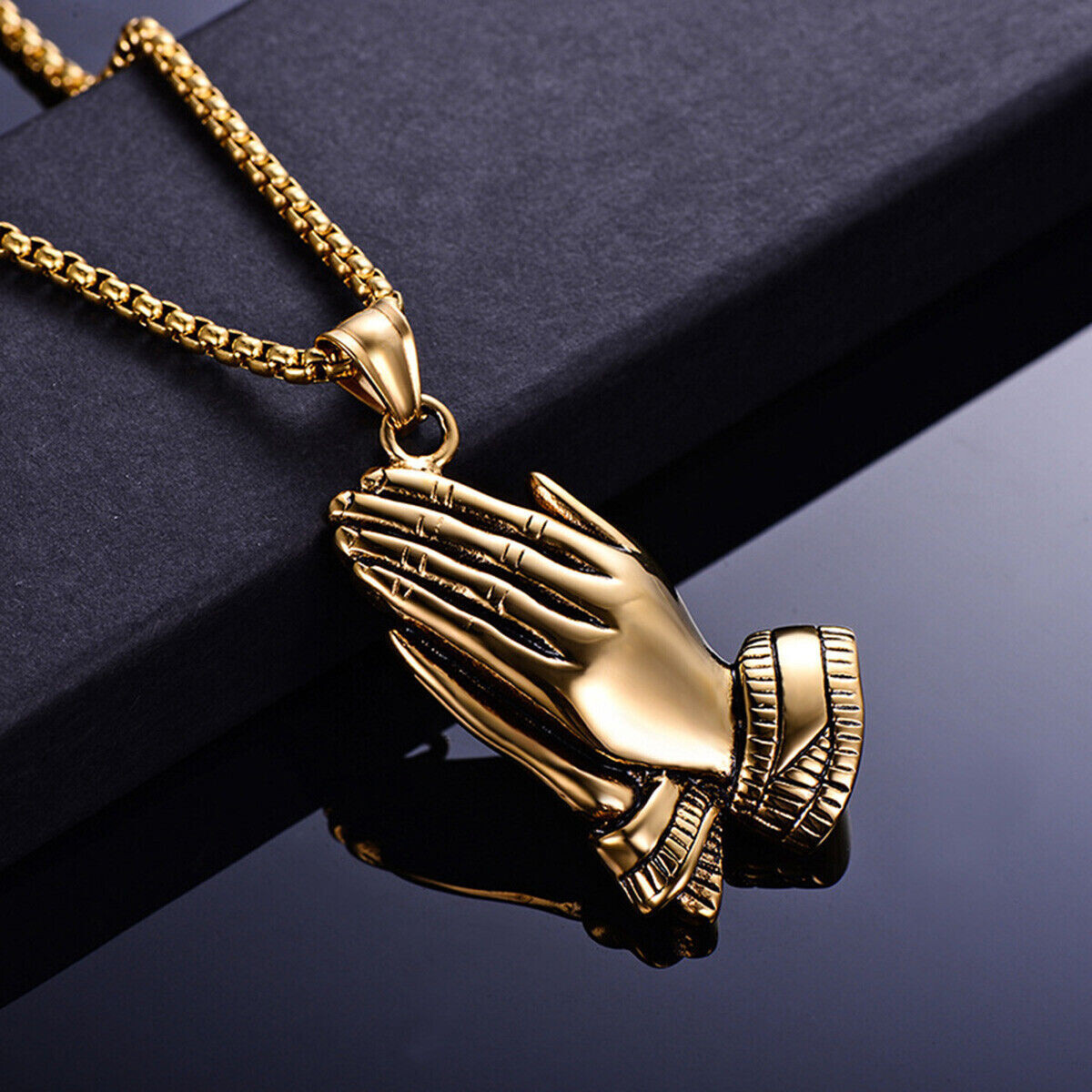 14k Gold Plated Praying Hands Pendant  24″ Rope Chain Hip Hop Necklace gift new