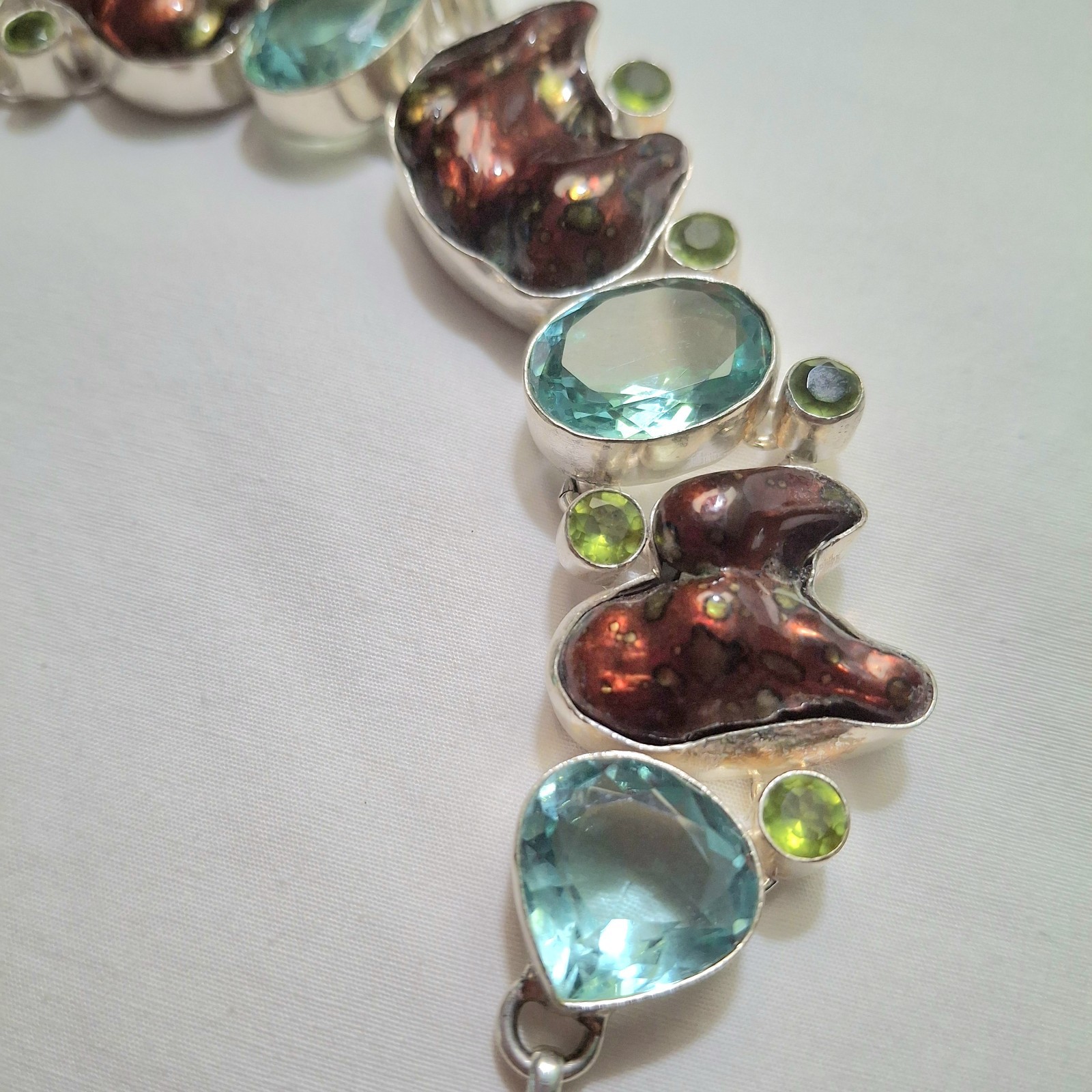 Y2K Necklace SIGNED 925 HUGE! Boho Blue Topaz Dyed Blister Pearls Peridot Estate