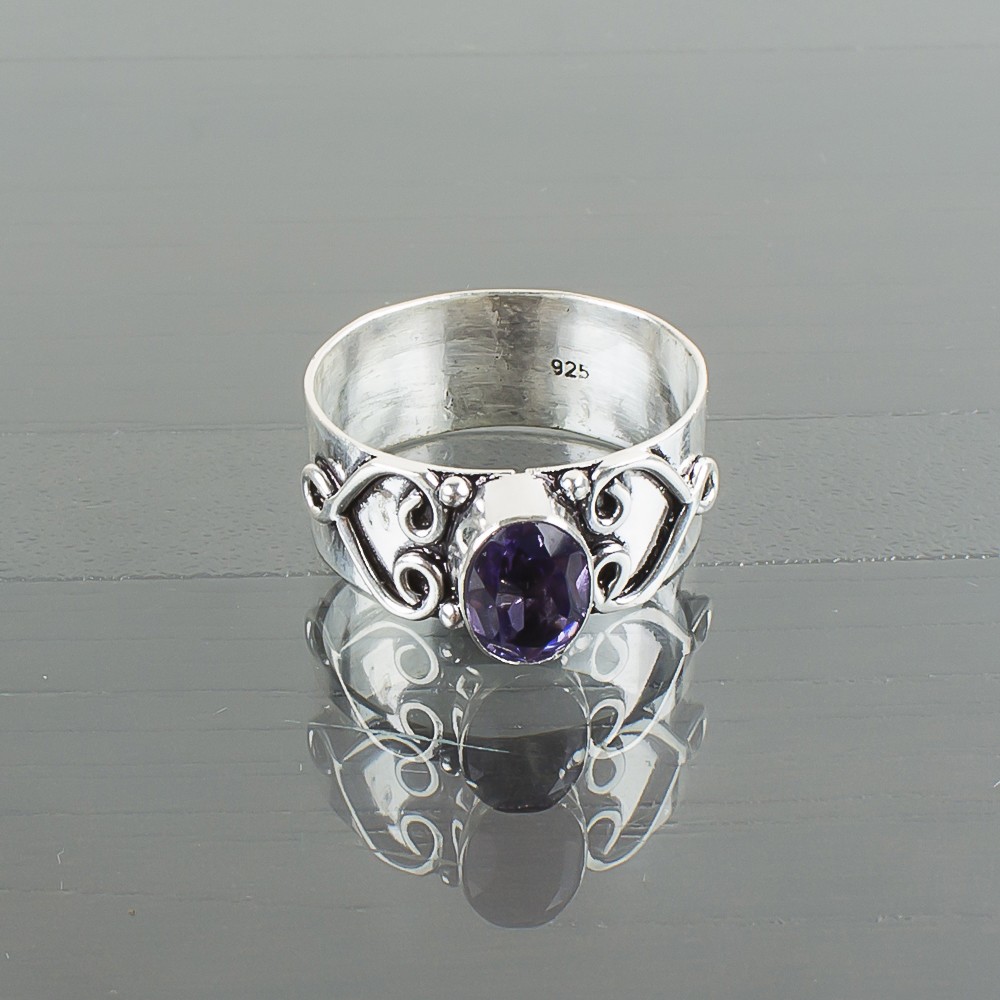 925 Silver Oval Iolite Gemstone Bezel Statement Ethnic Birthday Band Boho Ring