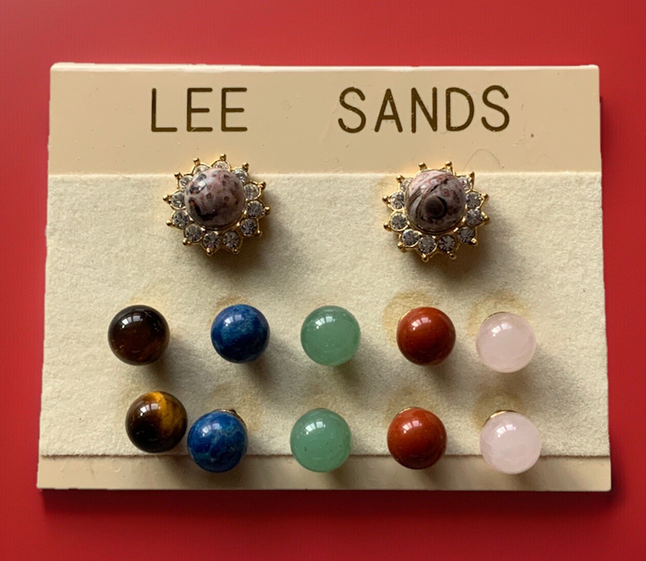 LEE SANDS Gold Tone Interchangible 6 Semiprecious Gemstones Pierced Earrings