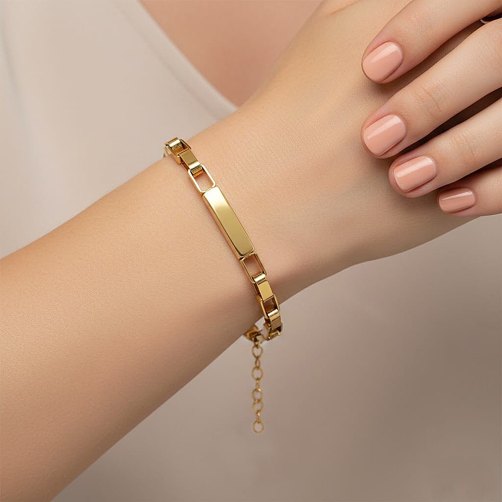 Rectangular Link Cha Bracelet ION Plated Yellow Gold Stainless Steel 7.5-9.0In