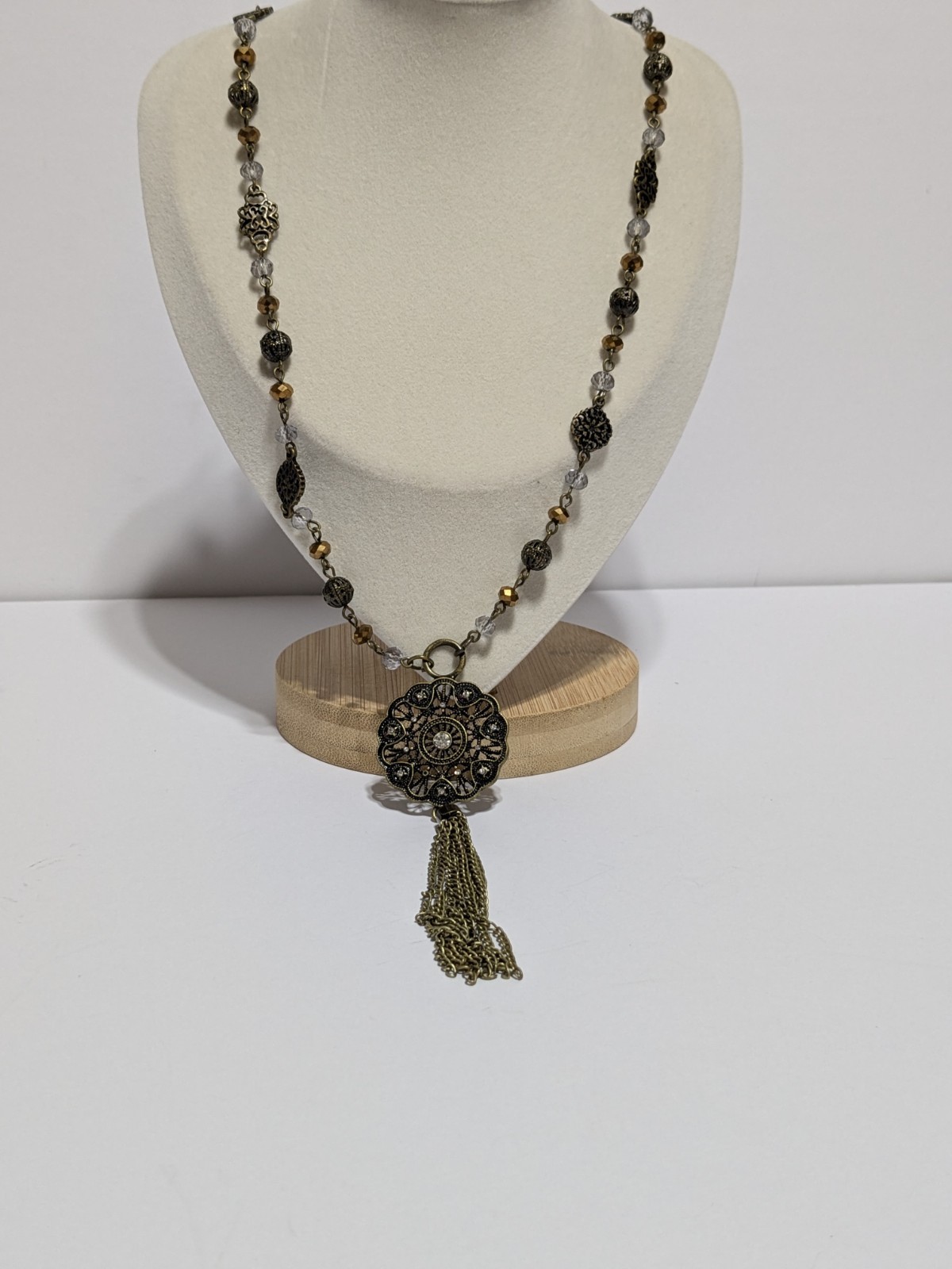 Gold Tone Y Drop Tassel Pendant Necklace With Acrylic Beads & Rhinestones 28″