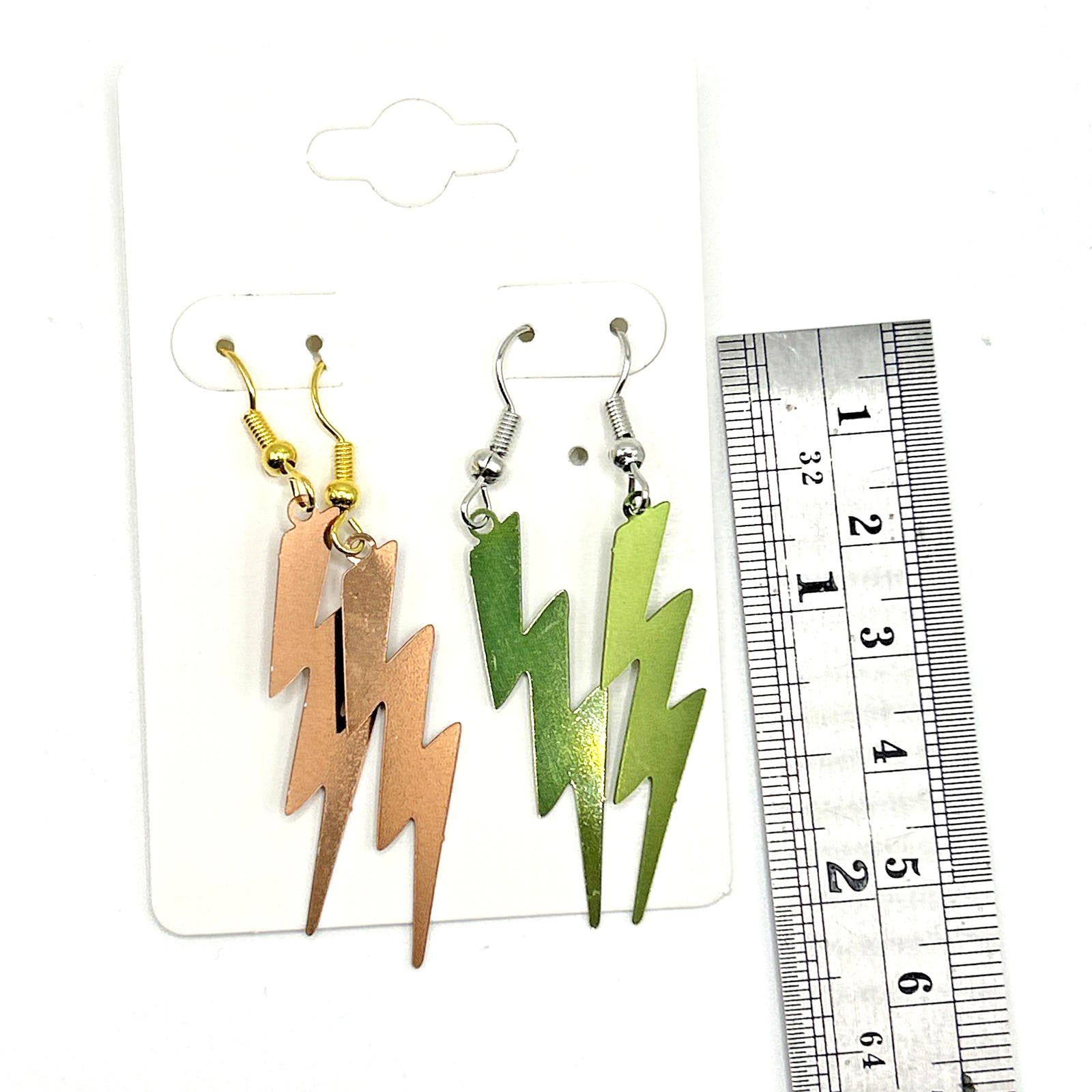 2 Pair Set: Green and Copper Stainless Steel Lightning Bolt Dangle Earrings