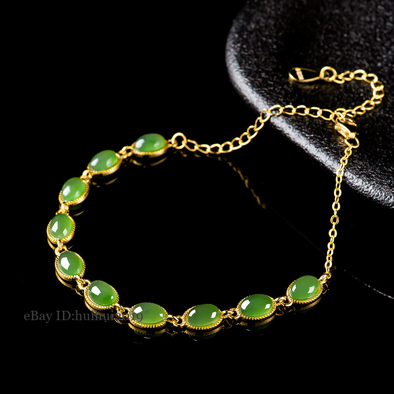 Certified Natural Hotan Jade Jasper Spinach Green Women S925 Silver Bracelet