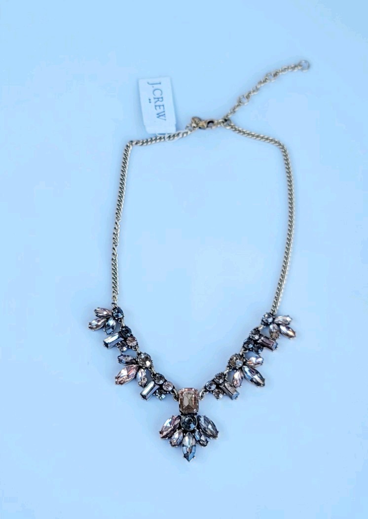 J.Crew Crystal Statement Necklace Smoky Gray Crystals Gold-tone Chain Signed