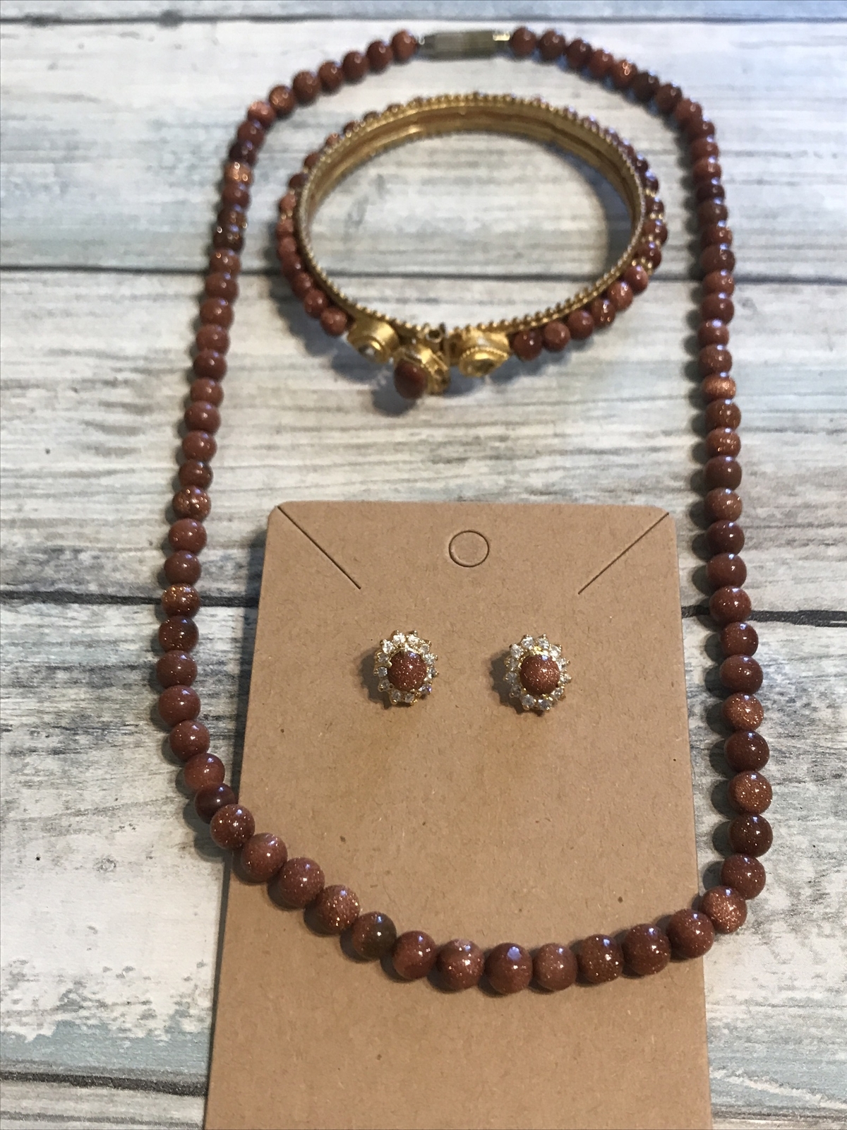 Sparkling Goldstone Necklace Earrings Bracelet Matching set Beads