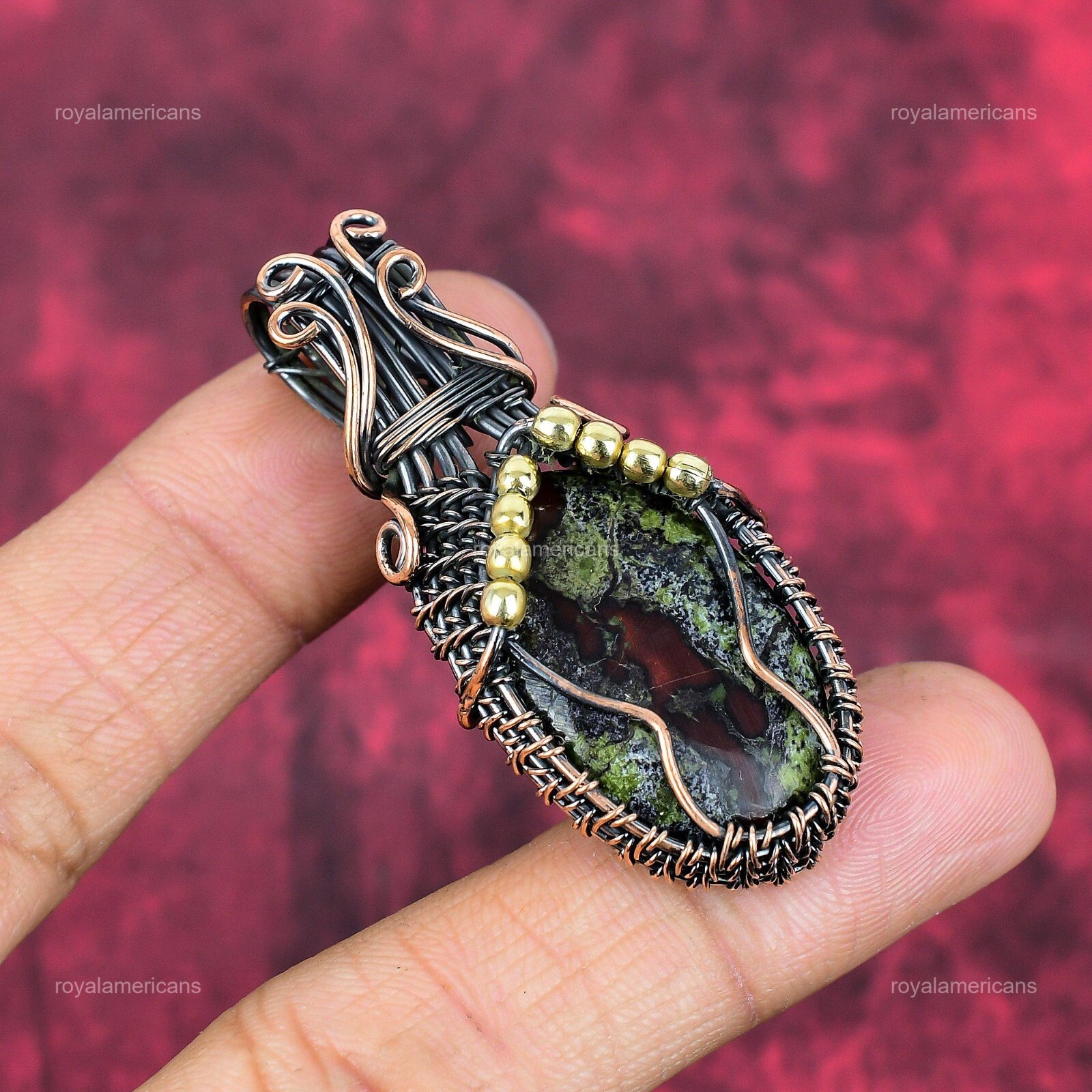 Valentines Sale Copper Dragon Bloodstone Gemstone Wire Wrapped Pendant Jewelry