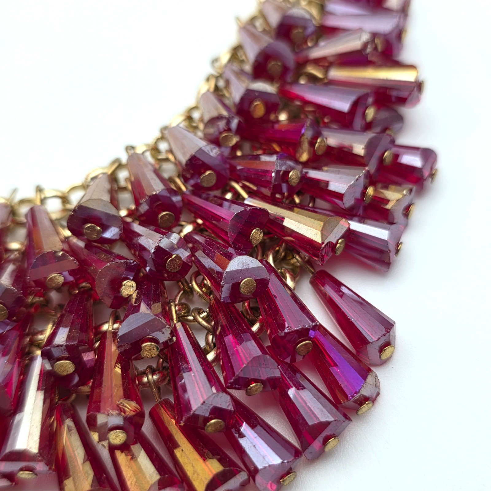Pink Magenta AB Spike Fringe Bib Statement Necklace Gold Tone 21 In Adj