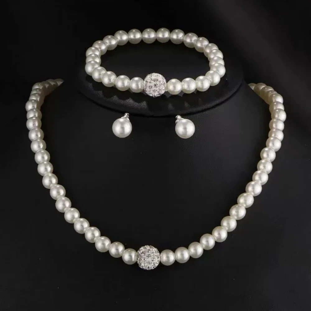 3Pcs Imitation White Pearl Necklace Bracelet Earrings Jewelry Set For Woman