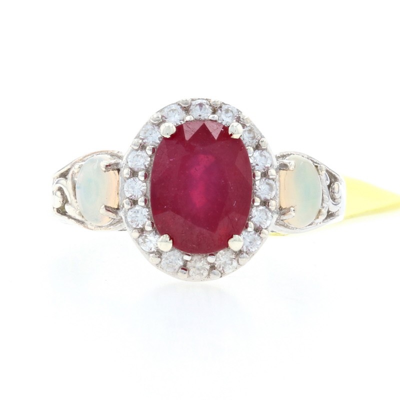Silver Lead Glass Filled Ruby, Opalite & Zircon Halo Ring 925 Oval Cut 2.80ctw