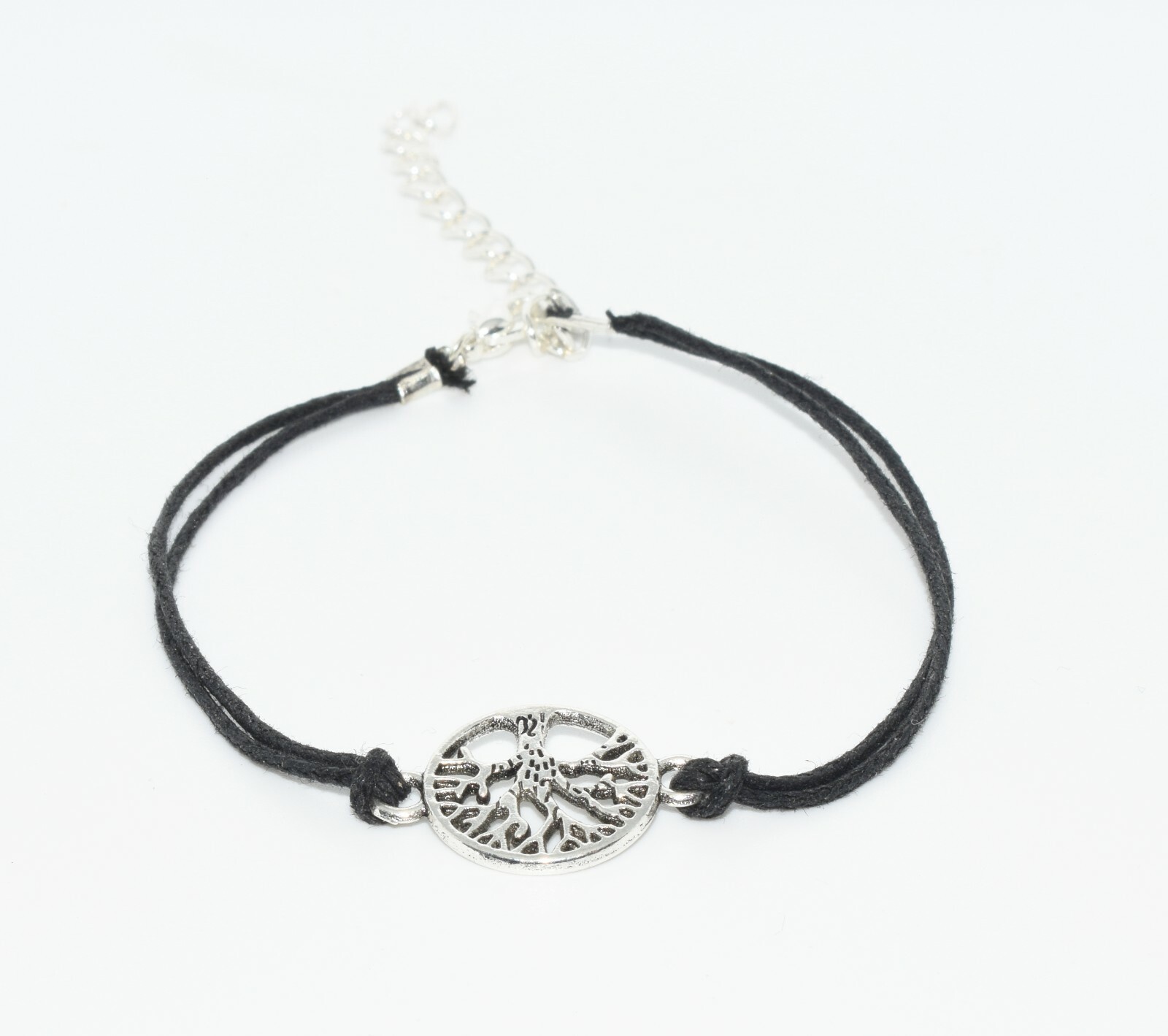 Tree of life bracelet metal charm on waxed cotton card clasp and safety chain