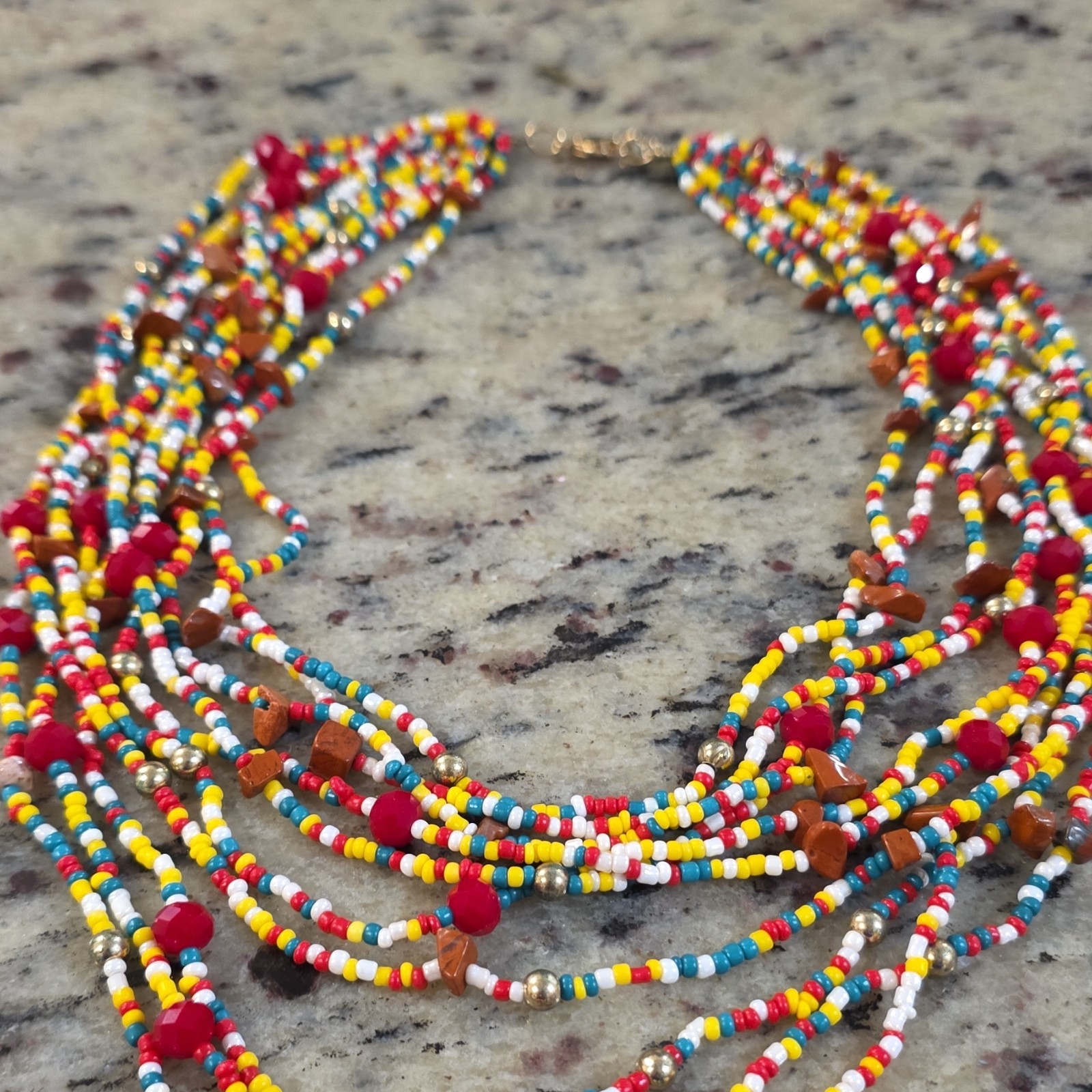 Multicolor Glass Bead Jewelry Set Multi-Strand Necklace & Bracelet Bohemian