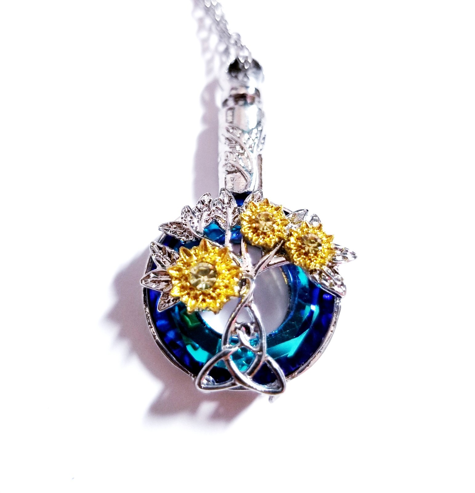 Silver Tone Urn Cremation Memorial Necklace Sunflowers Pendant for Ashes Blue