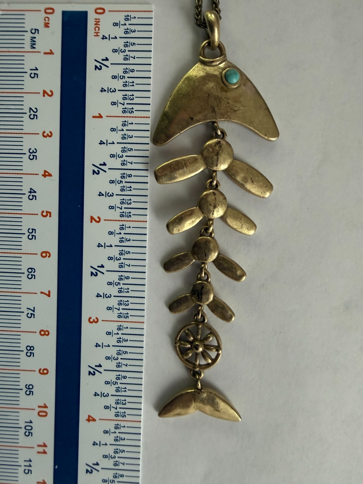 Fish Bone Skeleton Pendant Necklace Articulated Compass Lucky Brand Gold Tone