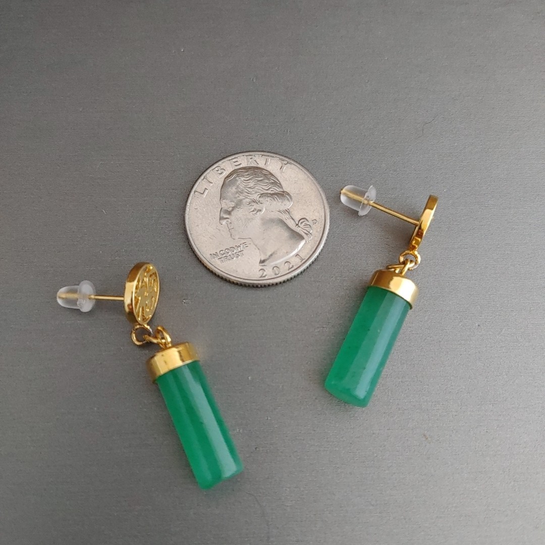 Translucent Green Stone Gold Tone Chinese Earrings Post Dangles 1.5”