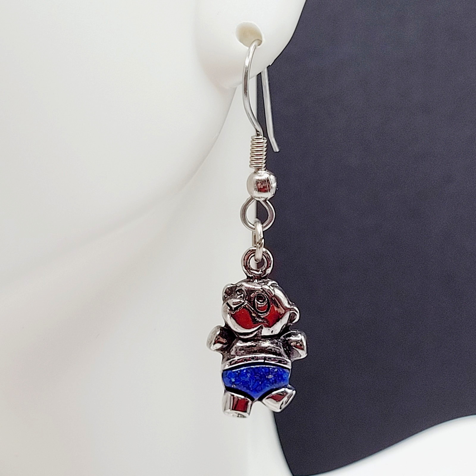 SW Waldeck Johnson Teddy Bear Lapis Lazuli Silver Tone Pierced Hook Earrings