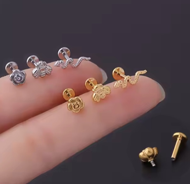 Internal Threaded Flat Gold Silver Cartilage Helix Lobe Tragus Conch 16G Earring