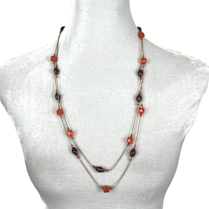 Gold Chain Layered Necklace with Purple and Orange Beads