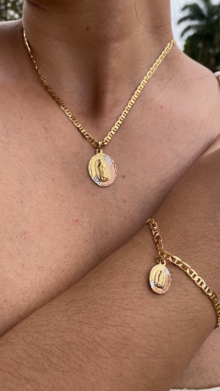 14K Gold Filled Virgem de Guadalupe Set Necklace 20″ and Bracelet 7.5″ Womens