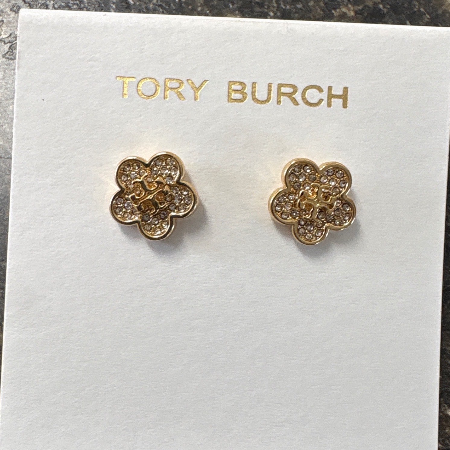 Tory Burch Gold Tone Crystal Pave Flower Logo Stud Earrings Womens