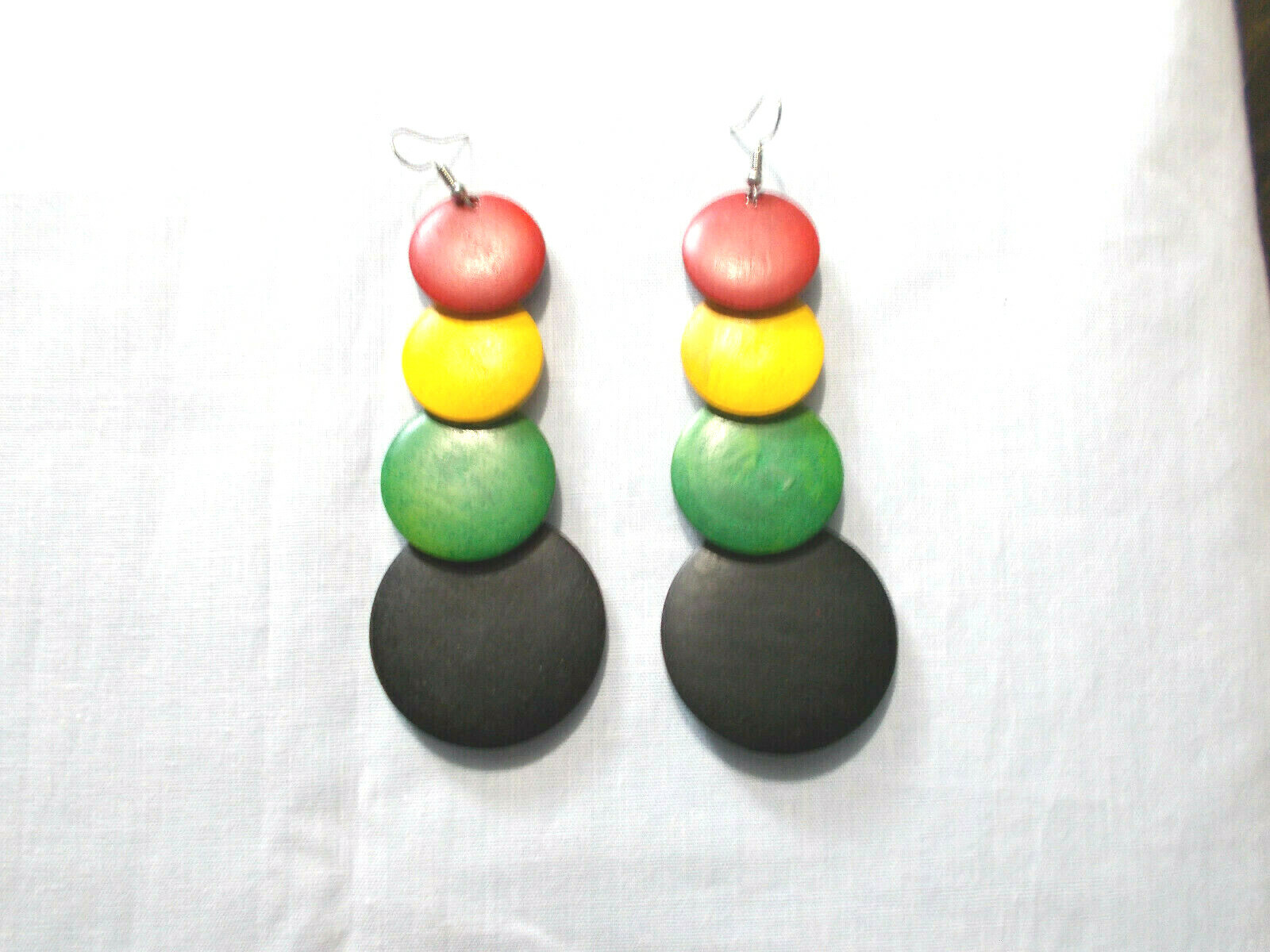Rasta Wooden 4 Tier Red Yellow Green Black Rounds Graduating 4″ Pair Earrings